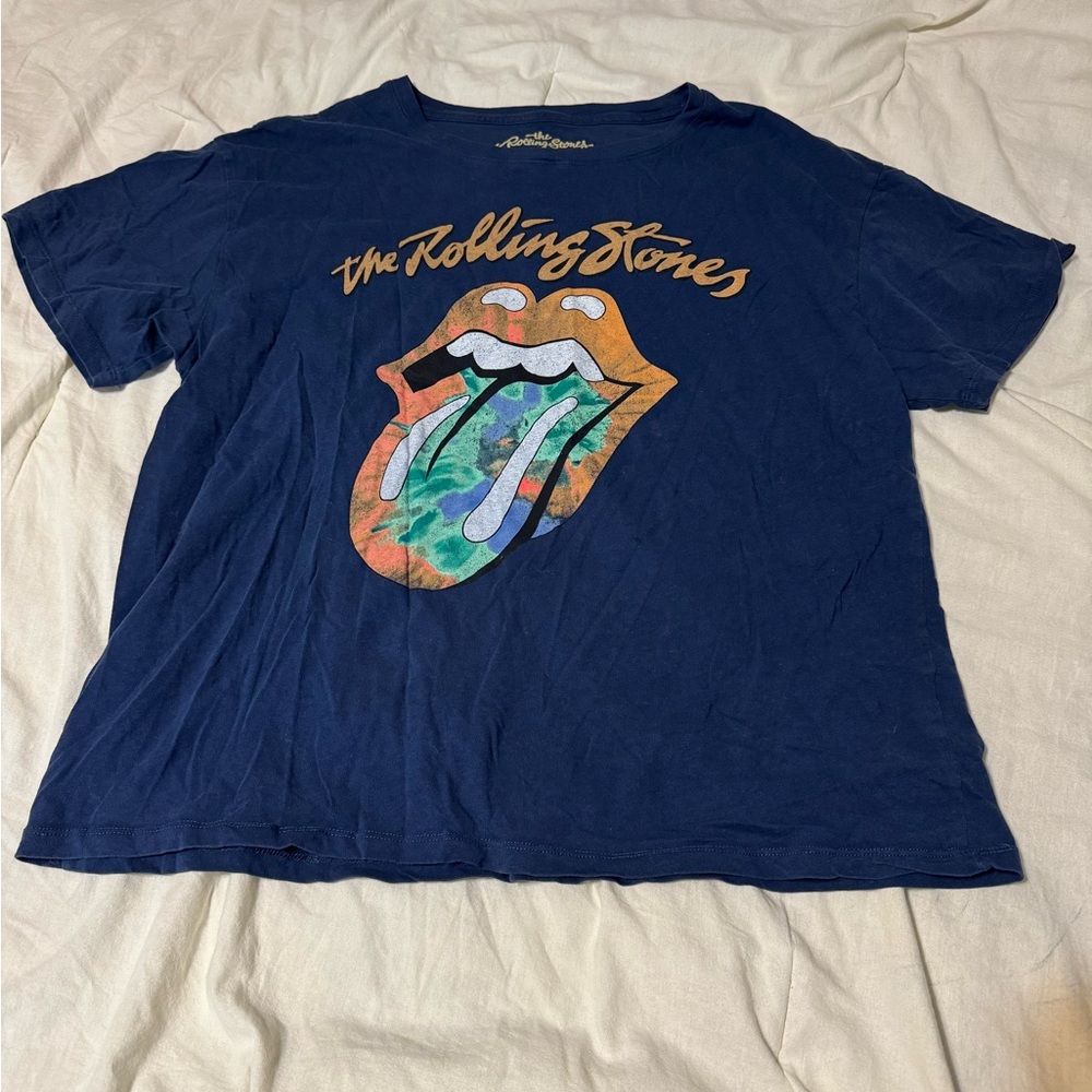 The Rolling Stones Blue Tee with Colorful Tongue Design